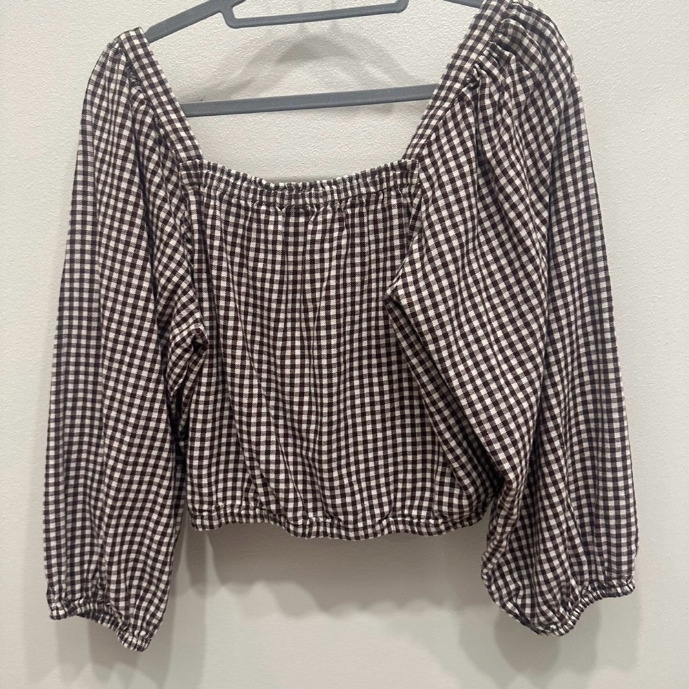 Madewell Brown and White Gingham Button-Front Peasant Blouse - Picture 6 of 6